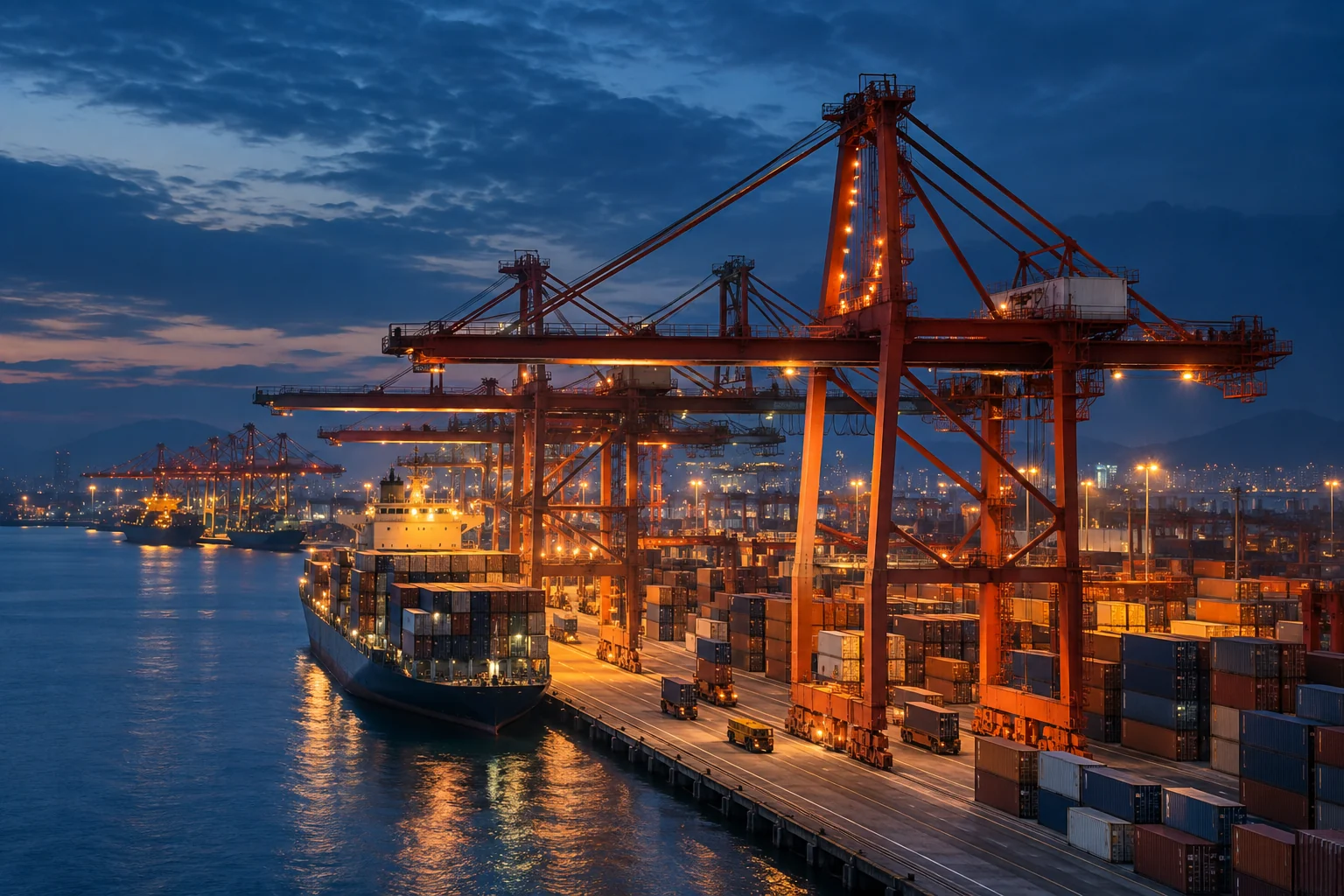 Illustrative blue-hour container port with illuminated cranes